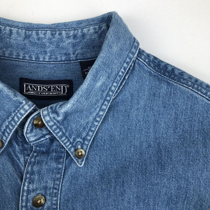 80s-90'S Lands' End Long-Sleeve Button-Down Denim Shirt, Men's Size L (Equivalent), Vintage cotton blue type Vintage Second Hand
