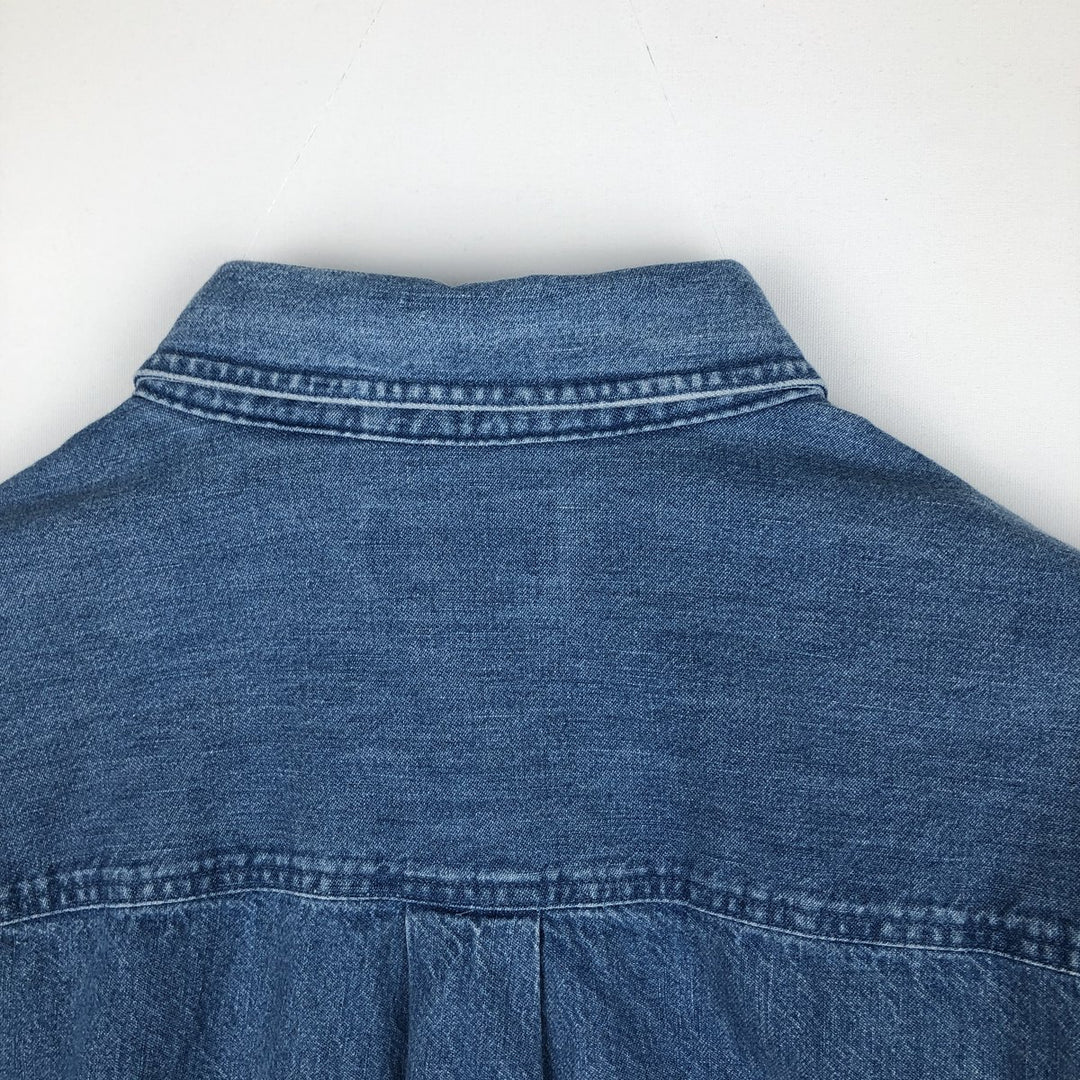 80s-90'S Lands' End Long-Sleeve Button-Down Denim Shirt, Men's Size L (Equivalent), Vintage cotton blue type Vintage Second Hand