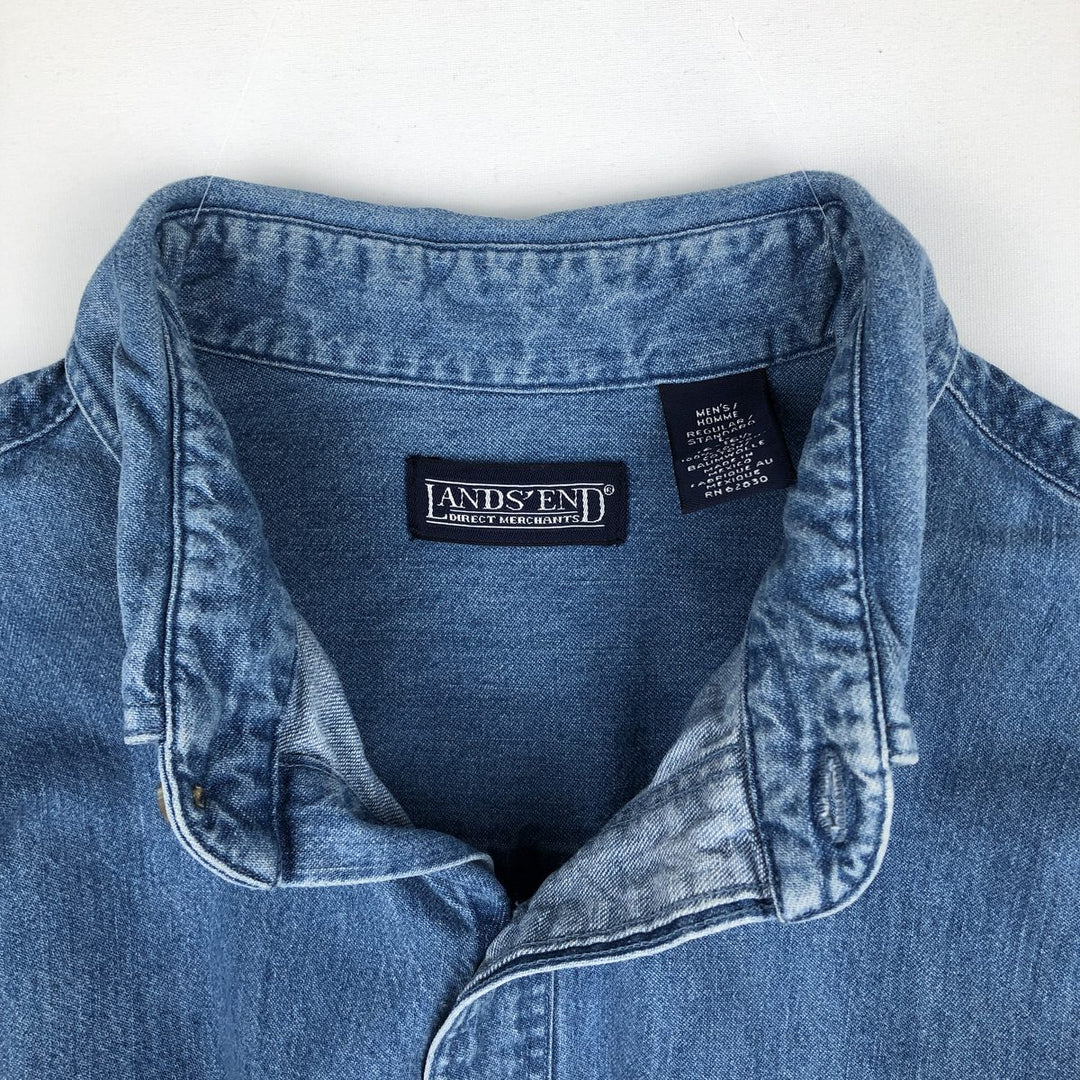 80s-90'S Lands' End Long-Sleeve Button-Down Denim Shirt, Men's Size L (Equivalent), Vintage cotton blue type Vintage Second Hand