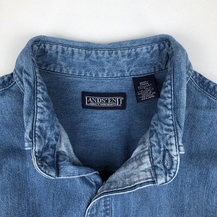 80s-90'S Lands' End Long-Sleeve Button-Down Denim Shirt, Men's Size L (Equivalent), Vintage cotton blue type Vintage Second Hand