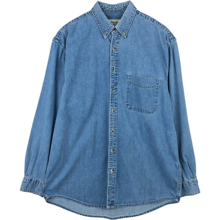 1990'S Eddie Bauer Long-Sleeve Button-Down Denim Shirt, Men's Size L (Equivalent), Vintage cotton blue type Vintage Second Hand