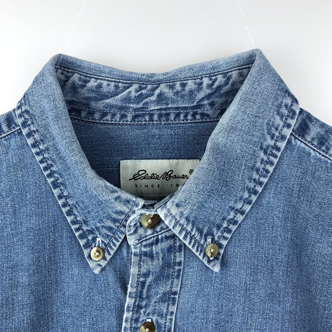 1990'S Eddie Bauer Long-Sleeve Button-Down Denim Shirt, Men's Size L (Equivalent), Vintage cotton blue type Vintage Second Hand
