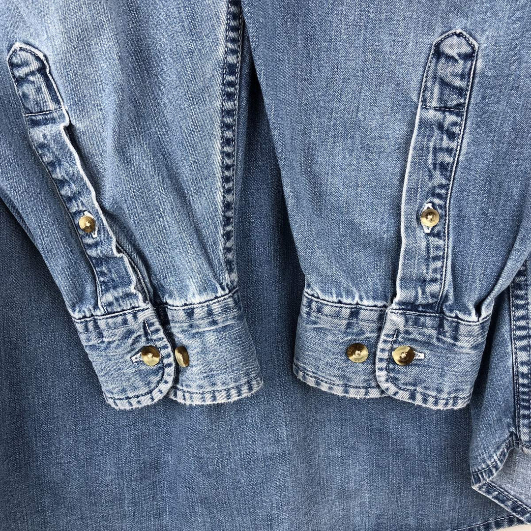 1990'S Eddie Bauer Long-Sleeve Button-Down Denim Shirt, Men's Size L (Equivalent), Vintage cotton blue type Vintage Second Hand