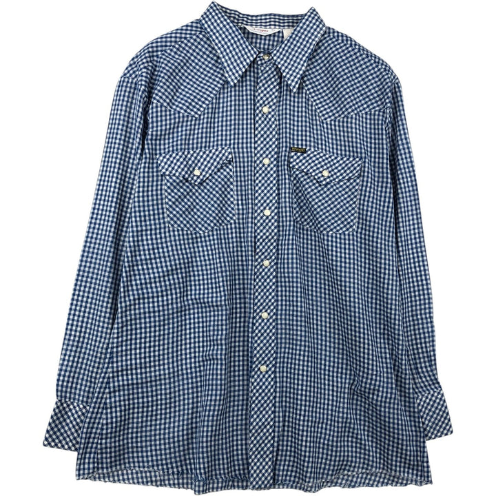 Wrangler Check Pattern Gingham Check Long Sleeve Western Shirt Men's XL (approx.) Vintage unclear blue type Vintage Second Hand