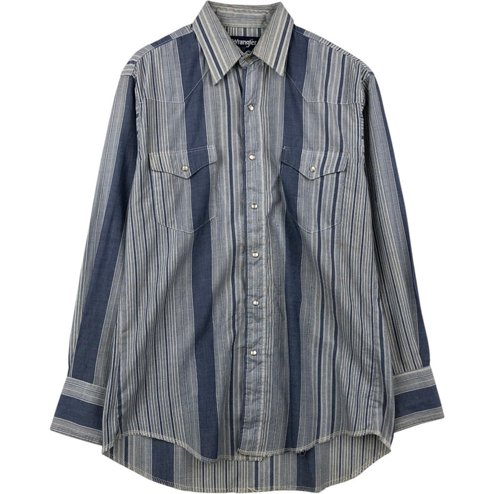 90'S Wrangler Cowboy Cut regular fit multi-stripe long-sleeve Western shirt, men's size XL equivalent. polyester navy blue type Vintage Second Hand