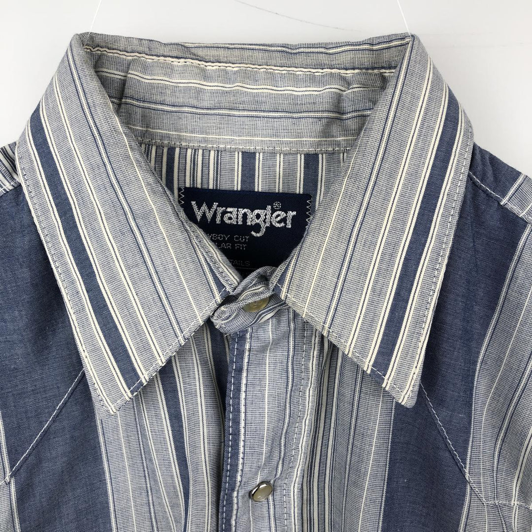 90'S Wrangler Cowboy Cut regular fit multi-stripe long-sleeve Western shirt, men's size XL equivalent. polyester navy blue type Vintage Second Hand