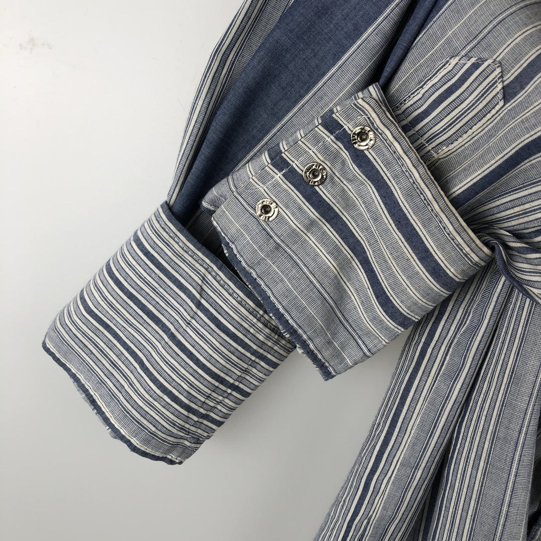 90'S Wrangler Cowboy Cut regular fit multi-stripe long-sleeve Western shirt, men's size XL equivalent. polyester navy blue type Vintage Second Hand