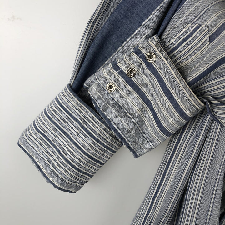 90'S Wrangler Cowboy Cut regular fit multi-stripe long-sleeve Western shirt, men's size XL equivalent. polyester navy blue type Vintage Second Hand