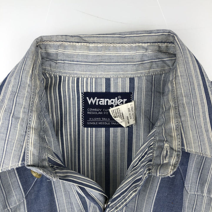 90'S Wrangler Cowboy Cut regular fit multi-stripe long-sleeve Western shirt, men's size XL equivalent. polyester navy blue type Vintage Second Hand