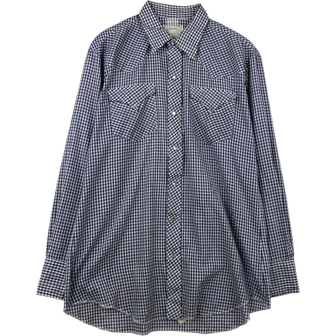 70s-80'S H BAR C Gingham Check Long-Sleeve Western Shirt, Made in USA, Men's Size L (approx.) unclear Navy blue Vintage Second Hand