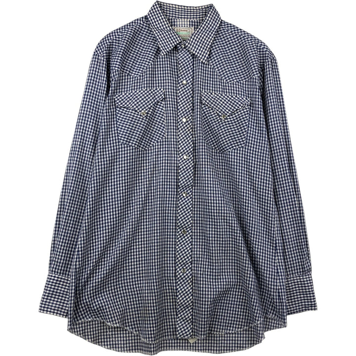 70s-80'S H BAR C Gingham Check Long-Sleeve Western Shirt, Made in USA, Men's Size L (approx.) unclear Navy blue Vintage Second Hand
