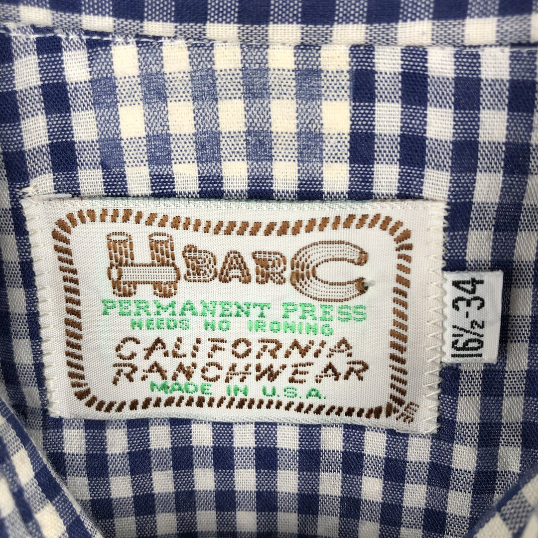 70s-80'S H BAR C Gingham Check Long-Sleeve Western Shirt, Made in USA, Men's Size L (approx.) unclear Navy blue Vintage Second Hand