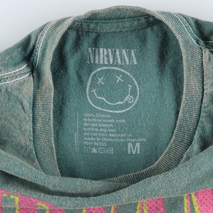 NIRVANA Print Band T-Shirt, Made in Dominican Republic, Size M (Men's M equivalent), Crew Neck, Short Sleeve, Rock cotton green type Vintage Second Hand