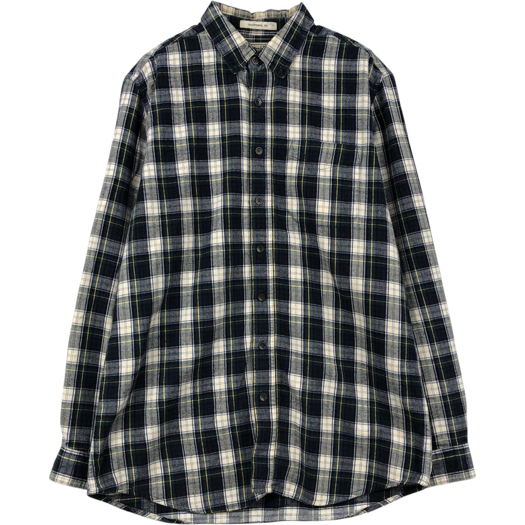 LLBean Traditional Fit Long-Sleeve Button-Down Flannel Check Shirt, Men's Size M (approx.) cotton navy blue type Vintage Second Hand