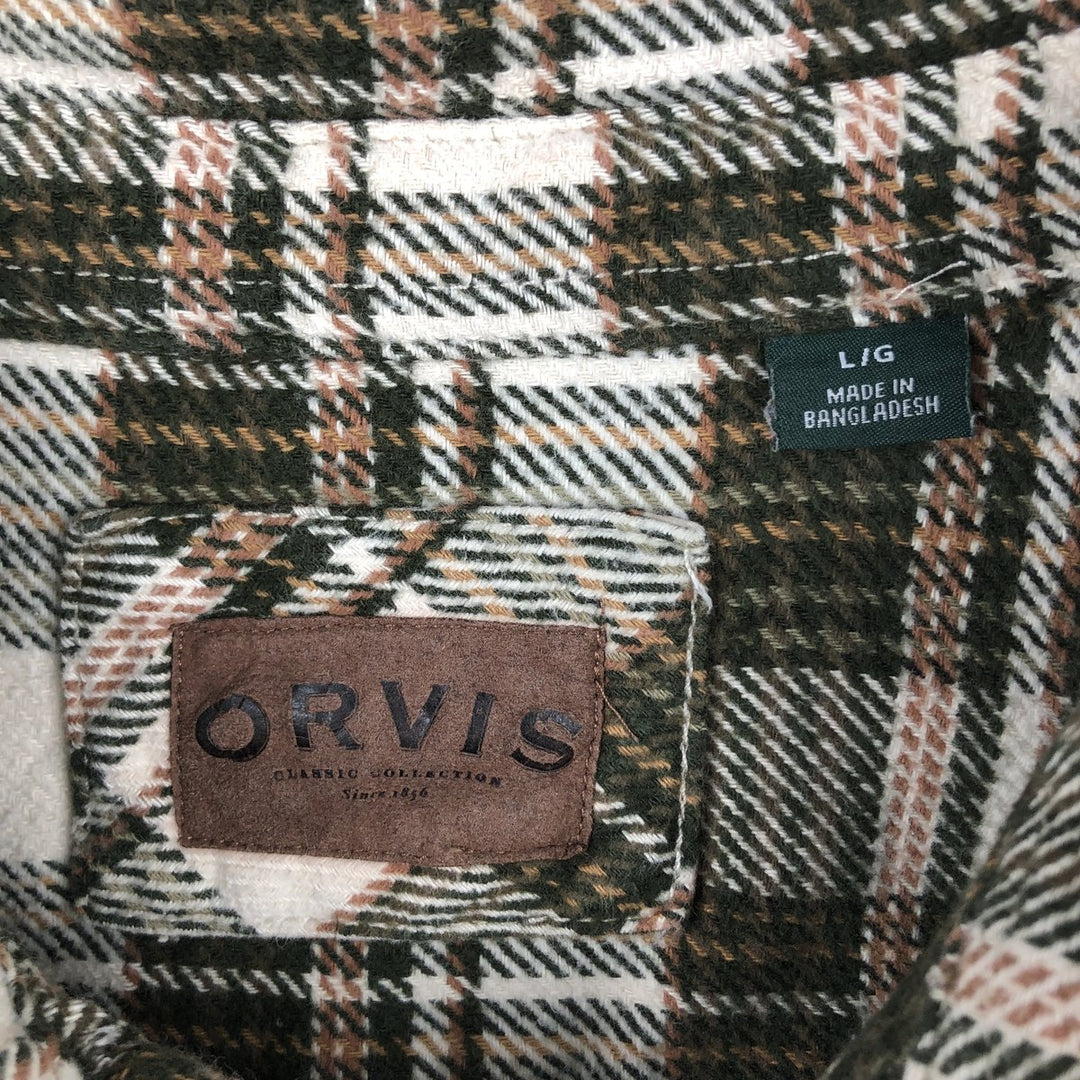 Orvis Check Pattern Long Sleeve Heavy Flannel Check Shirt, Men's Size L cotton Green type dark green Vintage Second Hand