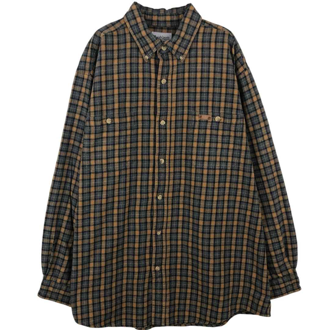 Carhartt Long-Sleeve Button-Down Light Flannel Check Shirt, Men's Size XL (Equivalent), Vintage cotton Beige type Vintage Second Hand