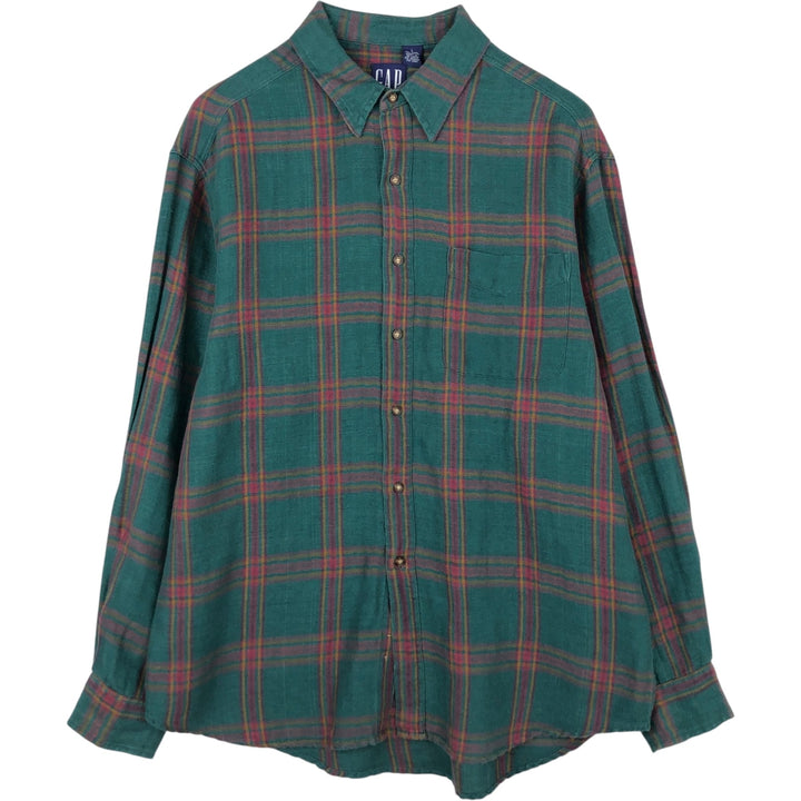 90'S GAP Old Gap Long Sleeve Light Nell Check Shirt Men's L Size Vintage linen Green type dark green Vintage Second Hand