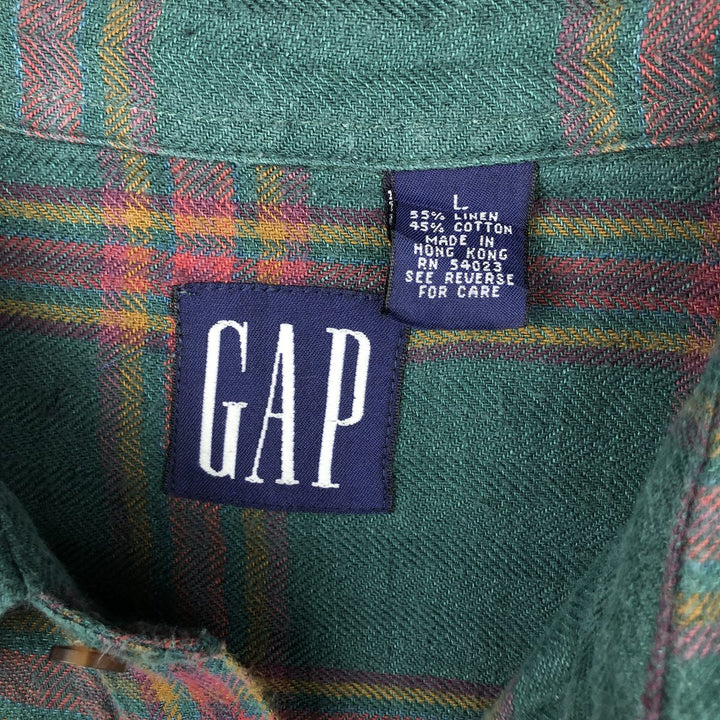 90'S GAP Old Gap Long Sleeve Light Nell Check Shirt Men's L Size Vintage linen Green type dark green Vintage Second Hand