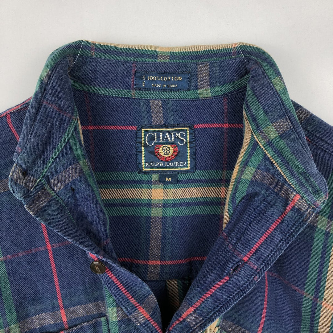 1980'S Ralph Lauren CHAPS Long-Sleeve Button-Down Light Flannel Check Shirt, Men's Size M (approx.), Vintage cotton blue type Vintage Second Hand