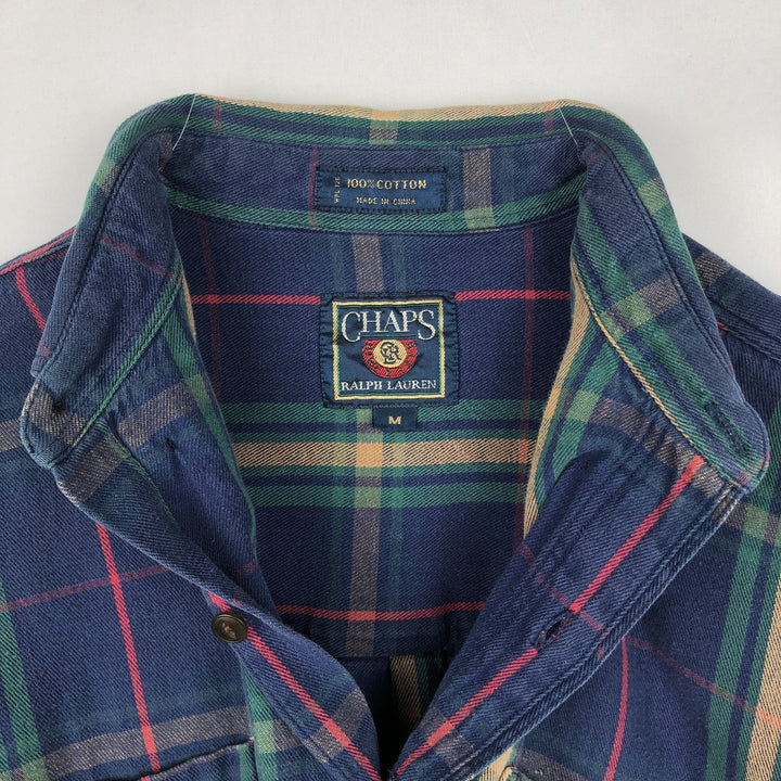 1980'S Ralph Lauren CHAPS Long-Sleeve Button-Down Light Flannel Check Shirt, Men's Size M (approx.), Vintage cotton blue type Vintage Second Hand