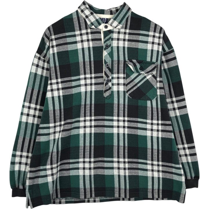 90'S Gap (Old Gap) Tartan Check Half-Button Long-Sleeve Flannel Check Shirt, Men's Size L (approx.) cotton green type Vintage Second Hand