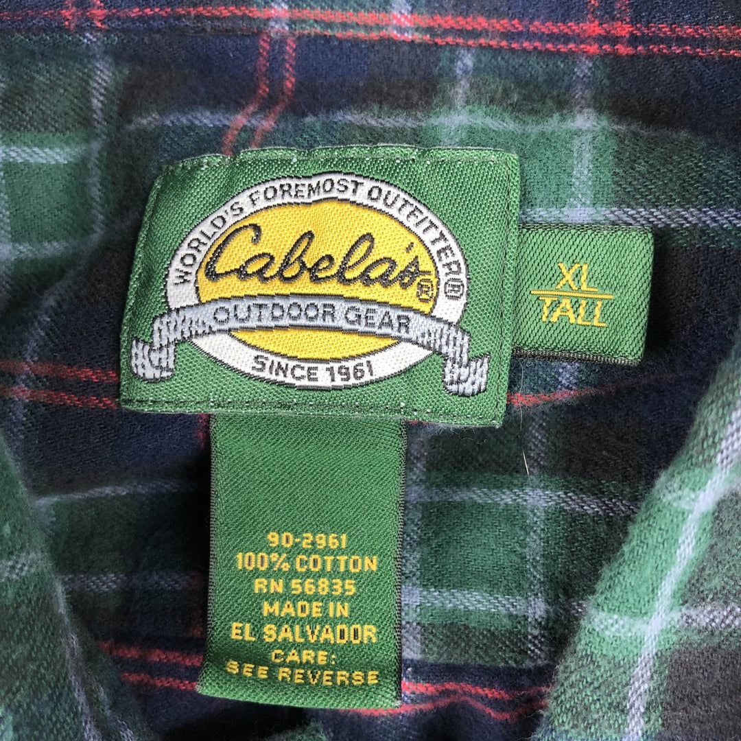 1990'S Cabelas Long-Sleeve Button-Down Light Flannel Check Shirt, Men's Size XL (Equivalent), Vintage cotton green type Vintage Second Hand