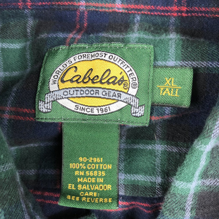 1990'S Cabelas Long-Sleeve Button-Down Light Flannel Check Shirt, Men's Size XL (Equivalent), Vintage cotton green type Vintage Second Hand