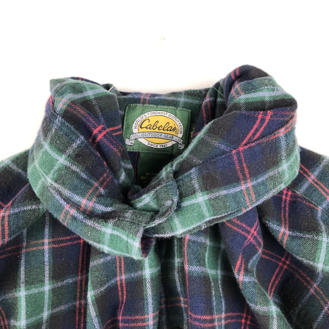 1990'S Cabelas Long-Sleeve Button-Down Light Flannel Check Shirt, Men's Size XL (Equivalent), Vintage cotton green type Vintage Second Hand