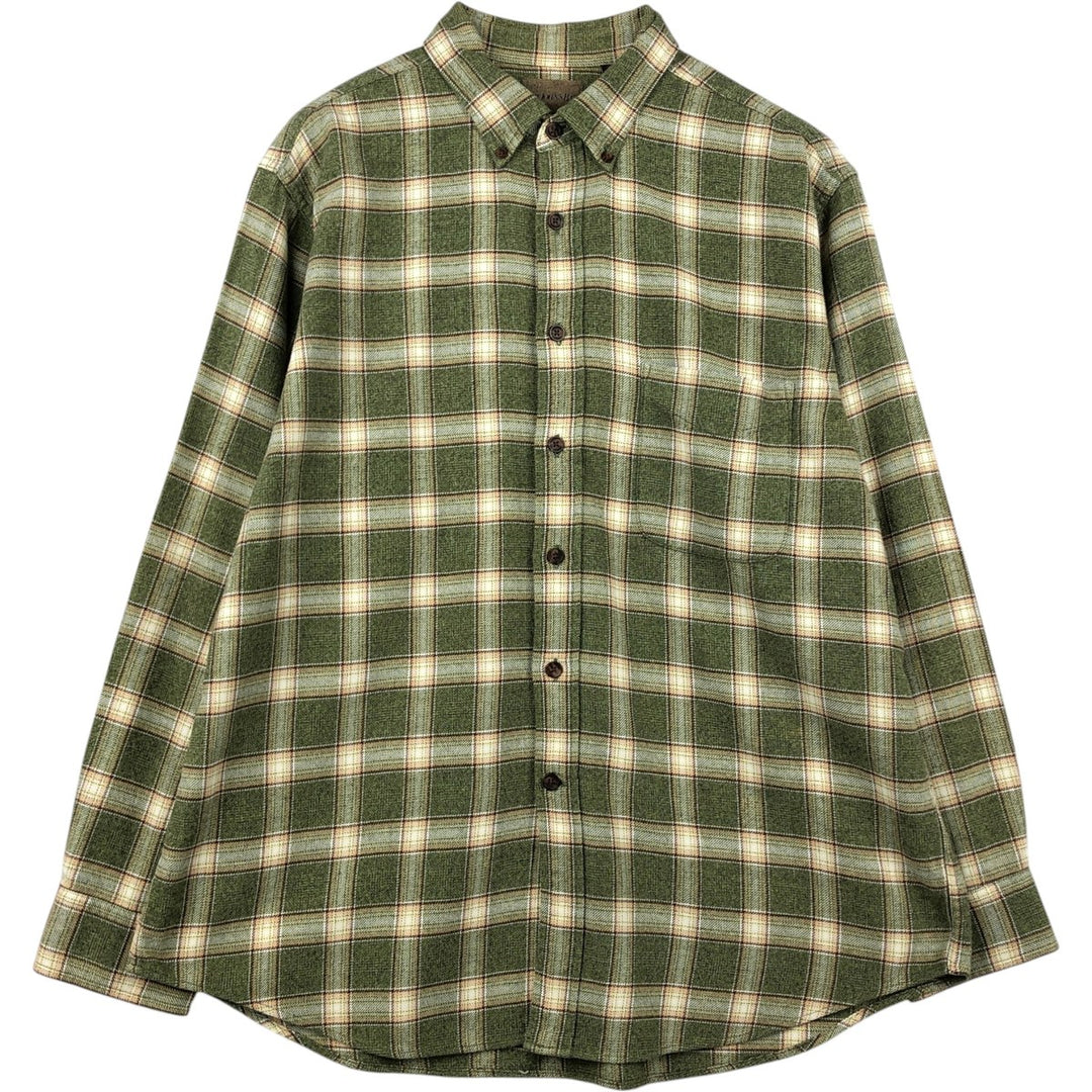 90s-00'S St. John's Bay long-sleeved button-down flannel check shirt, men's size L (approx.) cotton Khaki type sage green Vintage Second Hand