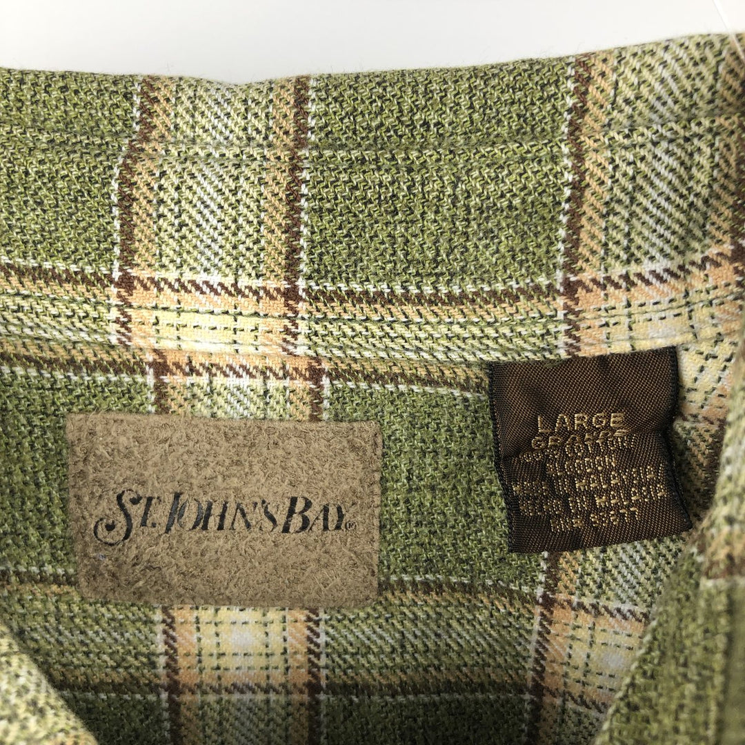 90s-00'S St. John's Bay long-sleeved button-down flannel check shirt, men's size L (approx.) cotton Khaki type sage green Vintage Second Hand