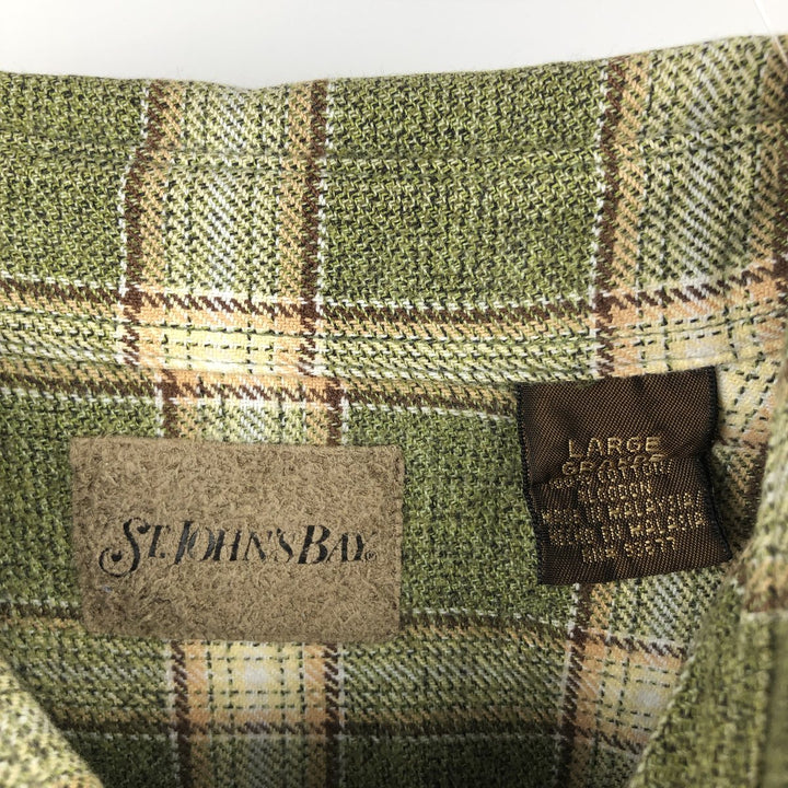 90s-00'S St. John's Bay long-sleeved button-down flannel check shirt, men's size L (approx.) cotton Khaki type sage green Vintage Second Hand