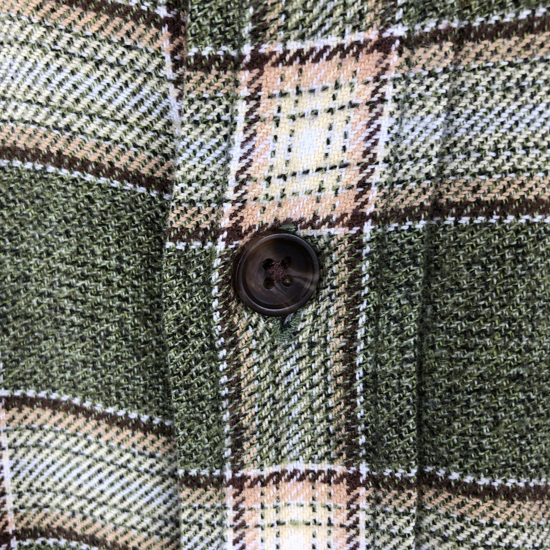 90s-00'S St. John's Bay long-sleeved button-down flannel check shirt, men's size L (approx.) cotton Khaki type sage green Vintage Second Hand