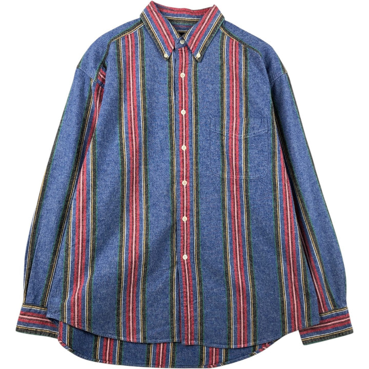 90'S Gap (Old Gap) Stripe Pattern Multi-Striped Long-Sleeve Button-Down Flannel Shirt, Men's Size XL cotton blue type Vintage Second Hand