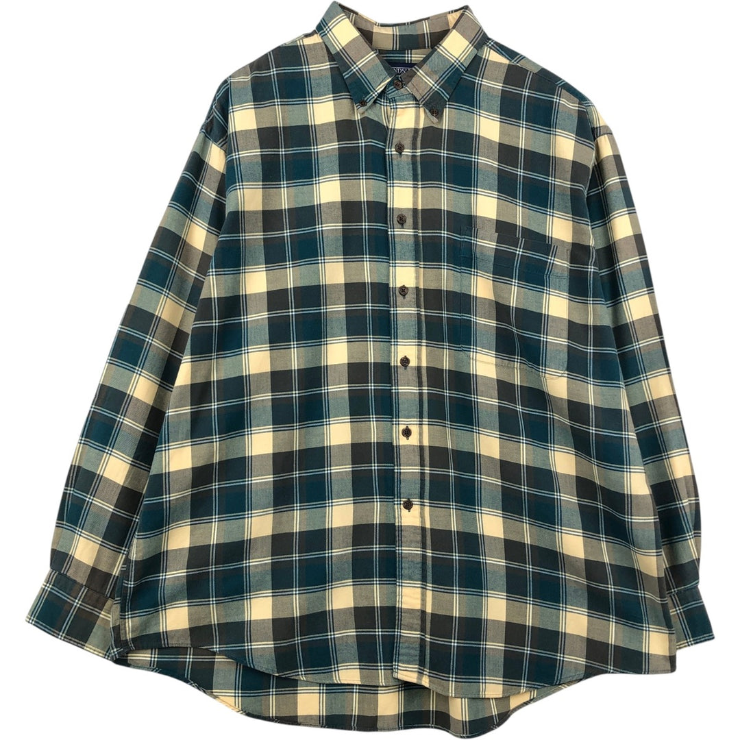 80s-90'S Lands' End Long-Sleeve Button-Down Flannel Check Shirt, Made in USA, Men's XL (approx.) Vintage cotton Beige type Vintage Second Hand