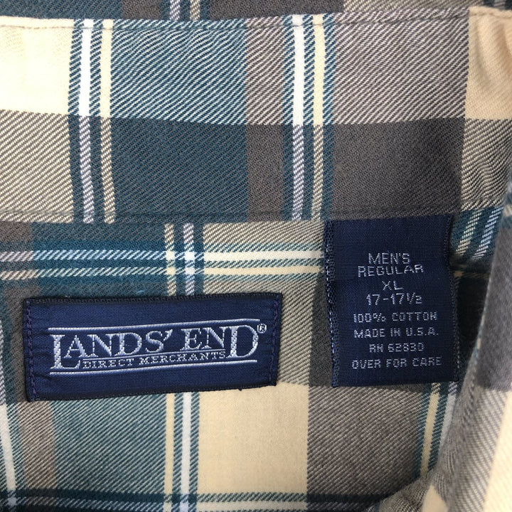 80s-90'S Lands' End Long-Sleeve Button-Down Flannel Check Shirt, Made in USA, Men's XL (approx.) Vintage cotton Beige type Vintage Second Hand