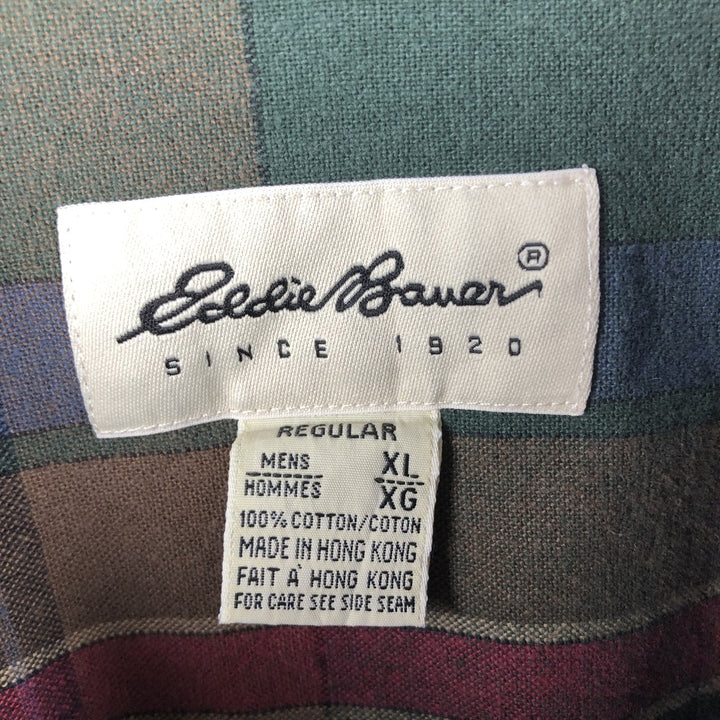 1990'S Eddie Bauer Long-Sleeve Flannel Check Shirt, Men's Size XL (Equivalent), Vintage cotton Green type dark green Vintage Second Hand