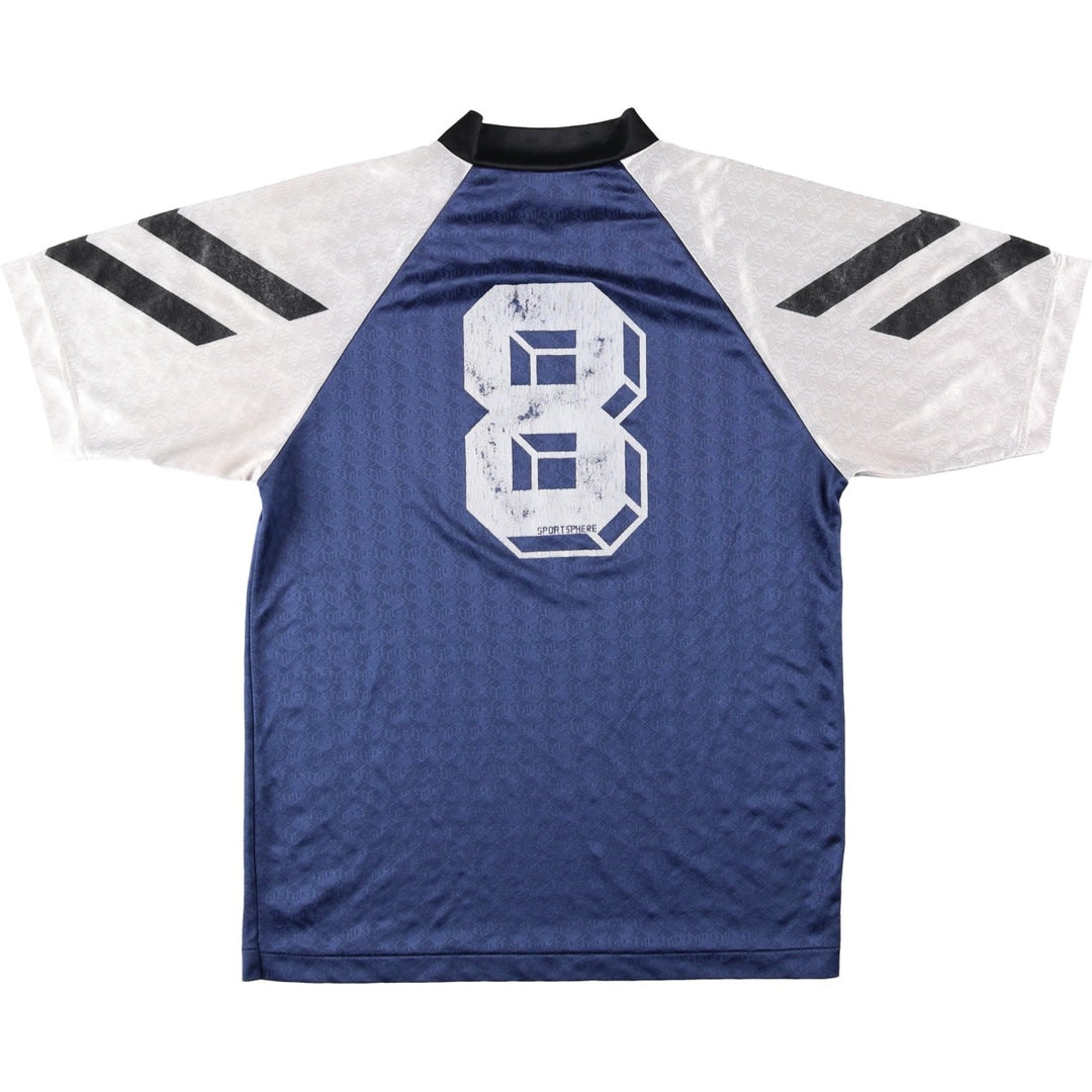SPORT SPHERE all-over print V-neck soccer jersey game shirt, made in Canada, men's size S equivalent, vintage. polyester Navy blue Vintage Second Hand