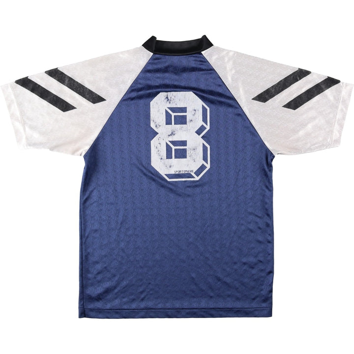 SPORT SPHERE all-over print V-neck soccer jersey game shirt, made in Canada, men's size S equivalent, vintage. polyester Navy blue Vintage Second Hand