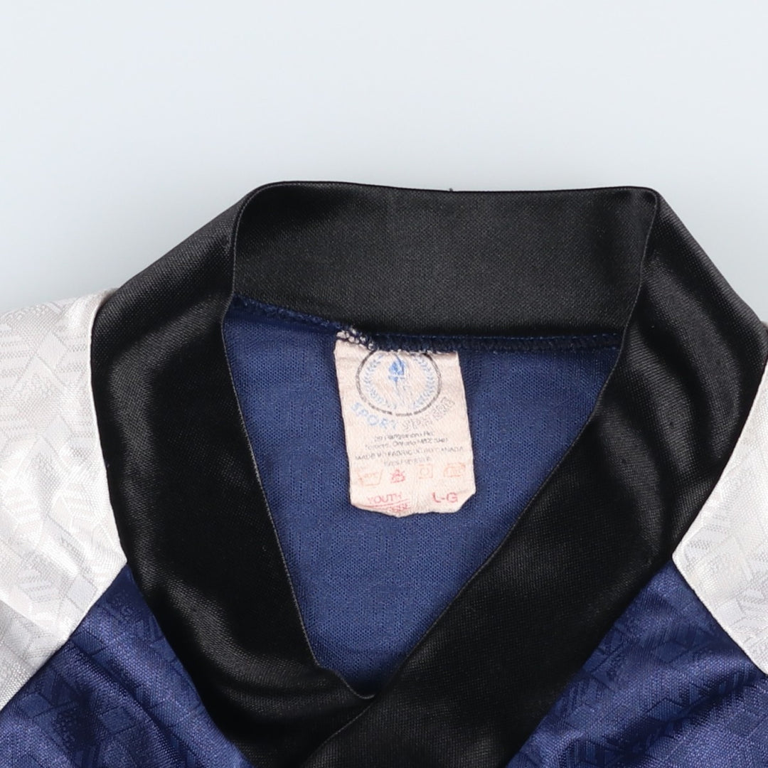 SPORT SPHERE all-over print V-neck soccer jersey game shirt, made in Canada, men's size S equivalent, vintage. polyester Navy blue Vintage Second Hand