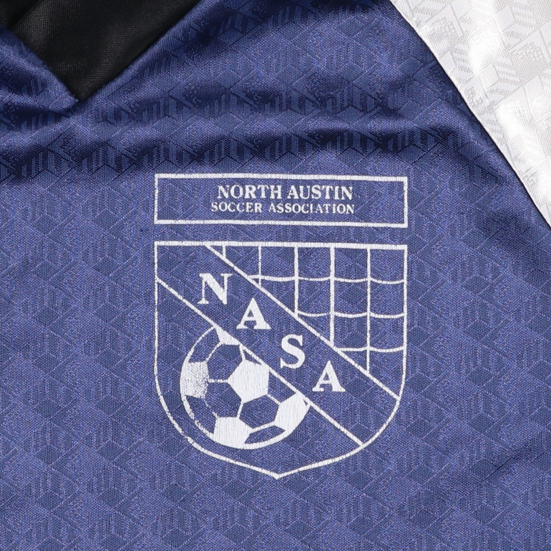 SPORT SPHERE all-over print V-neck soccer jersey game shirt, made in Canada, men's size S equivalent, vintage. polyester Navy blue Vintage Second Hand
