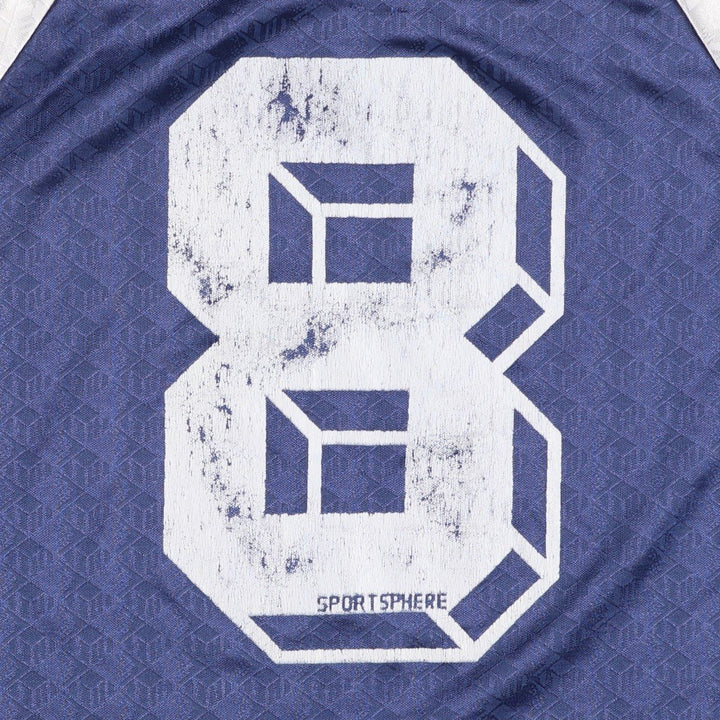 SPORT SPHERE all-over print V-neck soccer jersey game shirt, made in Canada, men's size S equivalent, vintage. polyester Navy blue Vintage Second Hand
