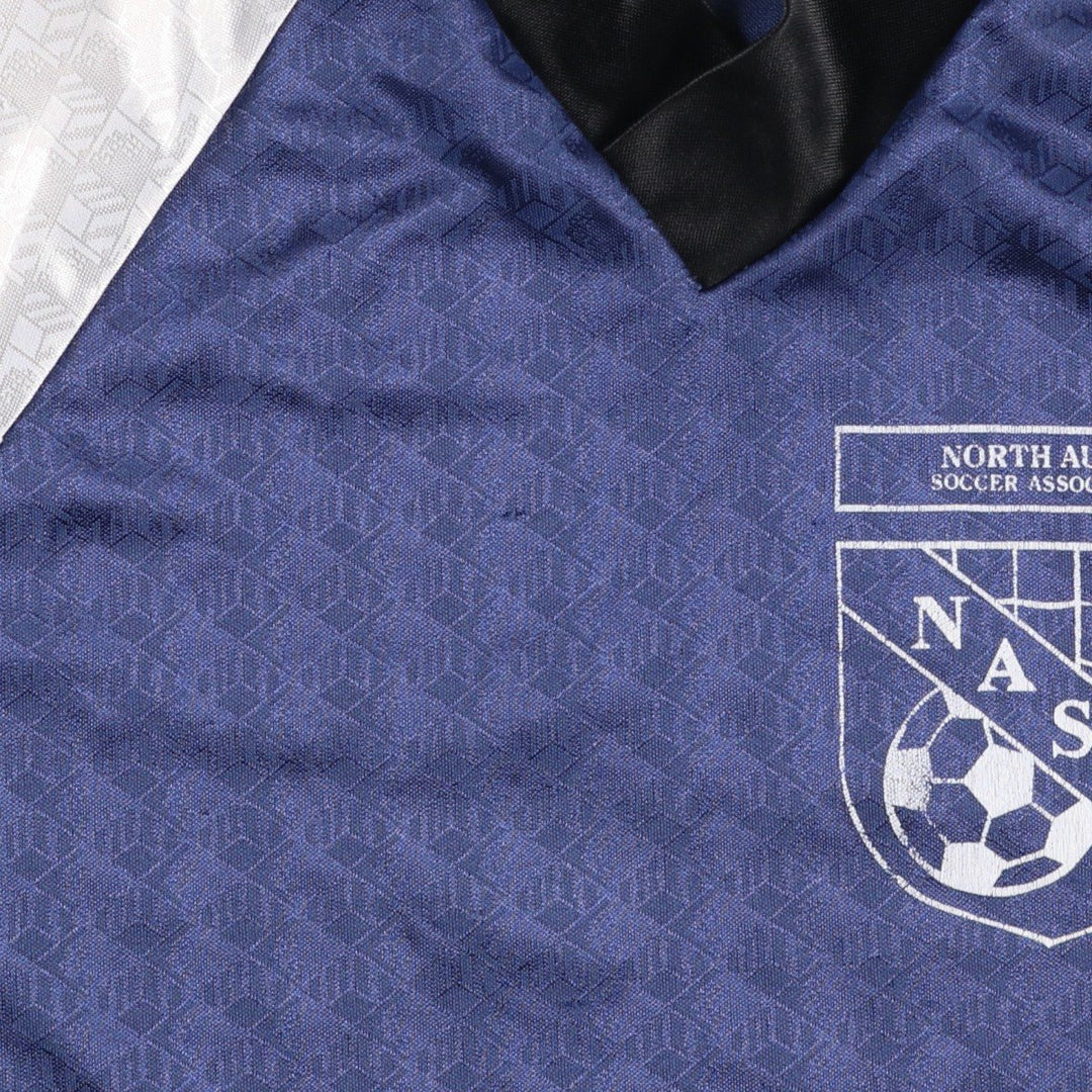 SPORT SPHERE all-over print V-neck soccer jersey game shirt, made in Canada, men's size S equivalent, vintage. polyester Navy blue Vintage Second Hand