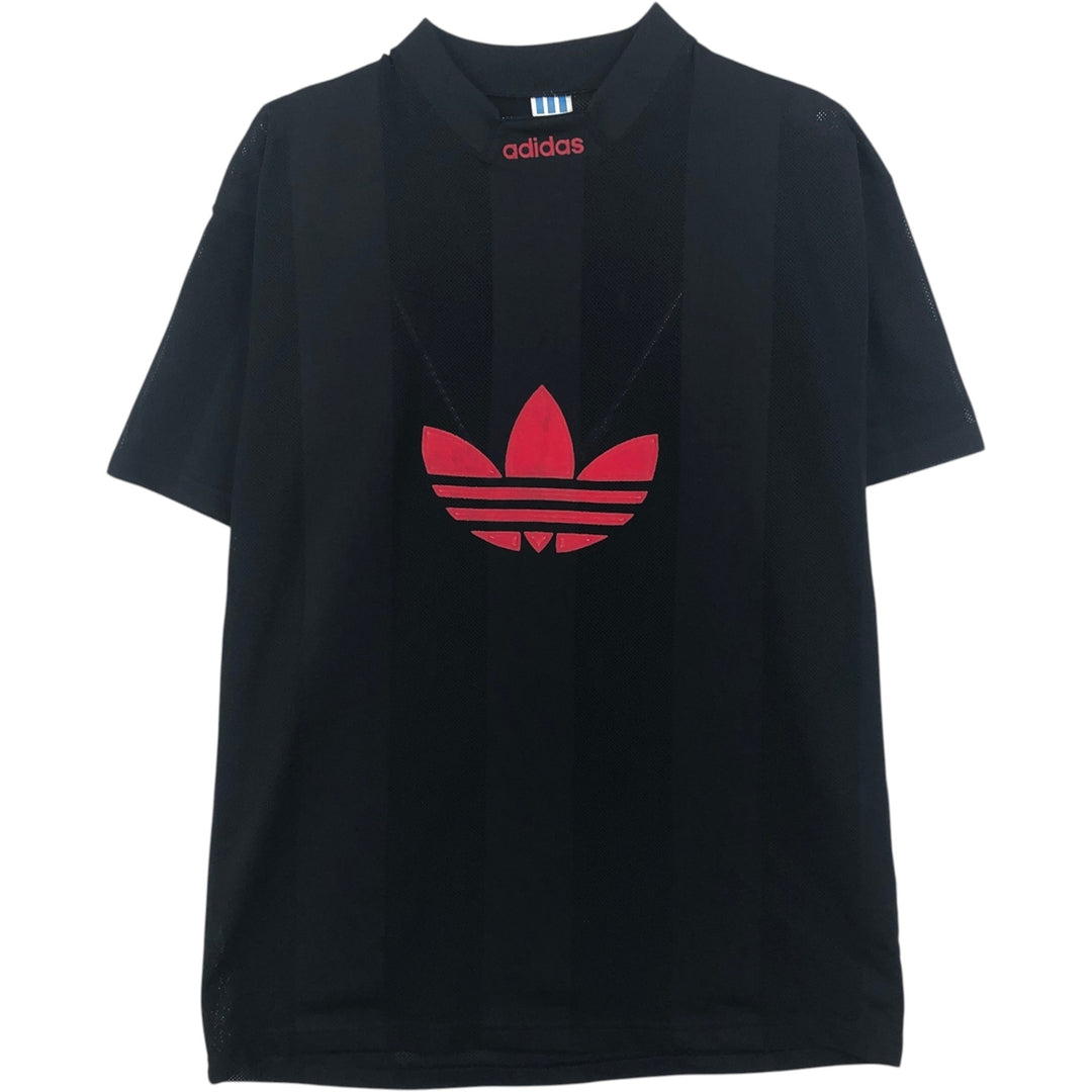 80s-90'S Adidas Trefoil Logo Stripe Pattern Mesh Mock Neck Soccer Jersey Game Shirt, Made in the UK polyester black type Vintage Second Hand