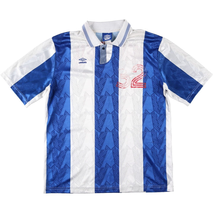 90'S Umbro Stripe Pattern All-Over Print Soccer Uniform Game Shirt, Made in USA, Men's Size L (Equivalent), Vintage polyester blue type Vintage Second Hand