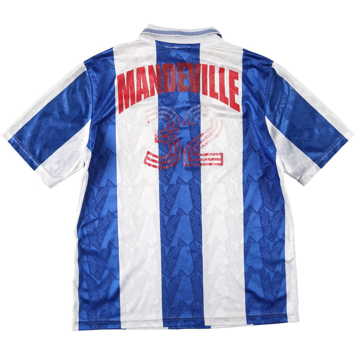 90'S Umbro Stripe Pattern All-Over Print Soccer Uniform Game Shirt, Made in USA, Men's Size L (Equivalent), Vintage polyester blue type Vintage Second Hand