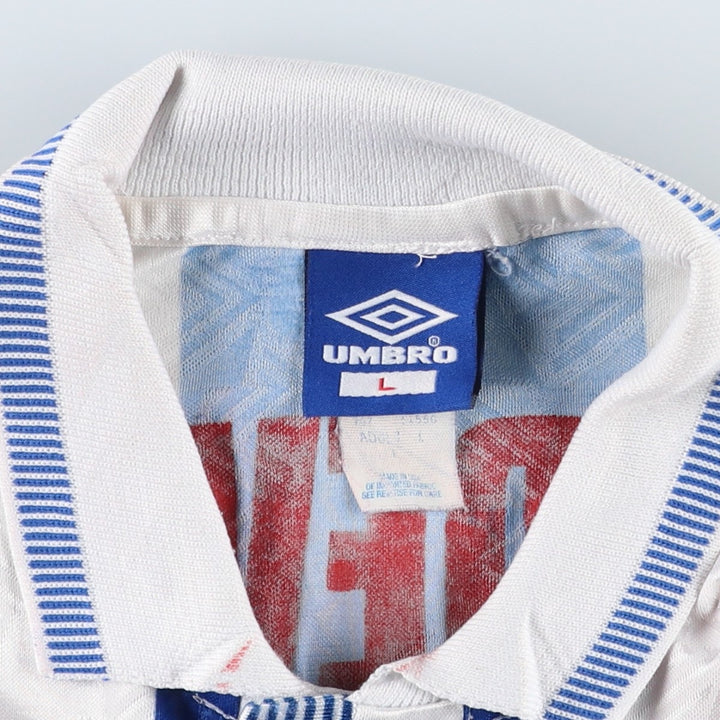 90'S Umbro Stripe Pattern All-Over Print Soccer Uniform Game Shirt, Made in USA, Men's Size L (Equivalent), Vintage polyester blue type Vintage Second Hand