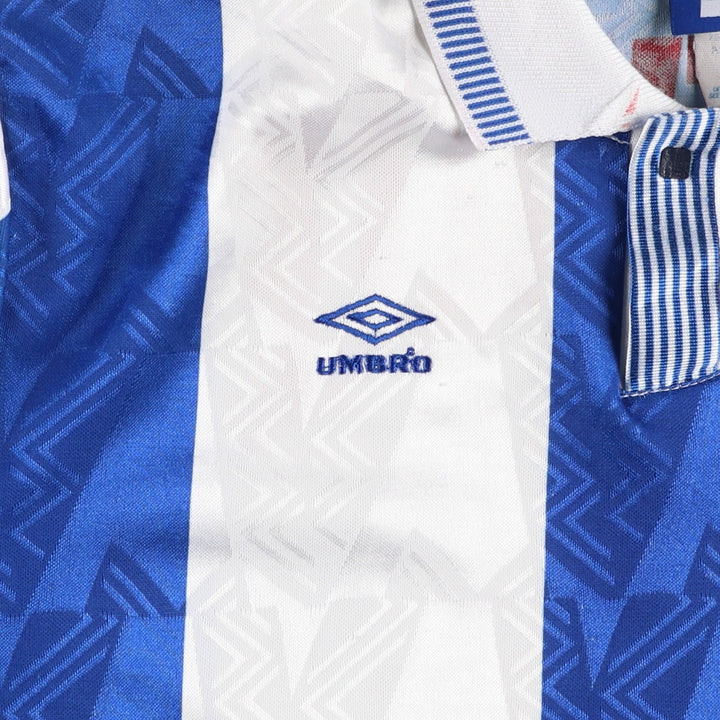 90'S Umbro Stripe Pattern All-Over Print Soccer Uniform Game Shirt, Made in USA, Men's Size L (Equivalent), Vintage polyester blue type Vintage Second Hand