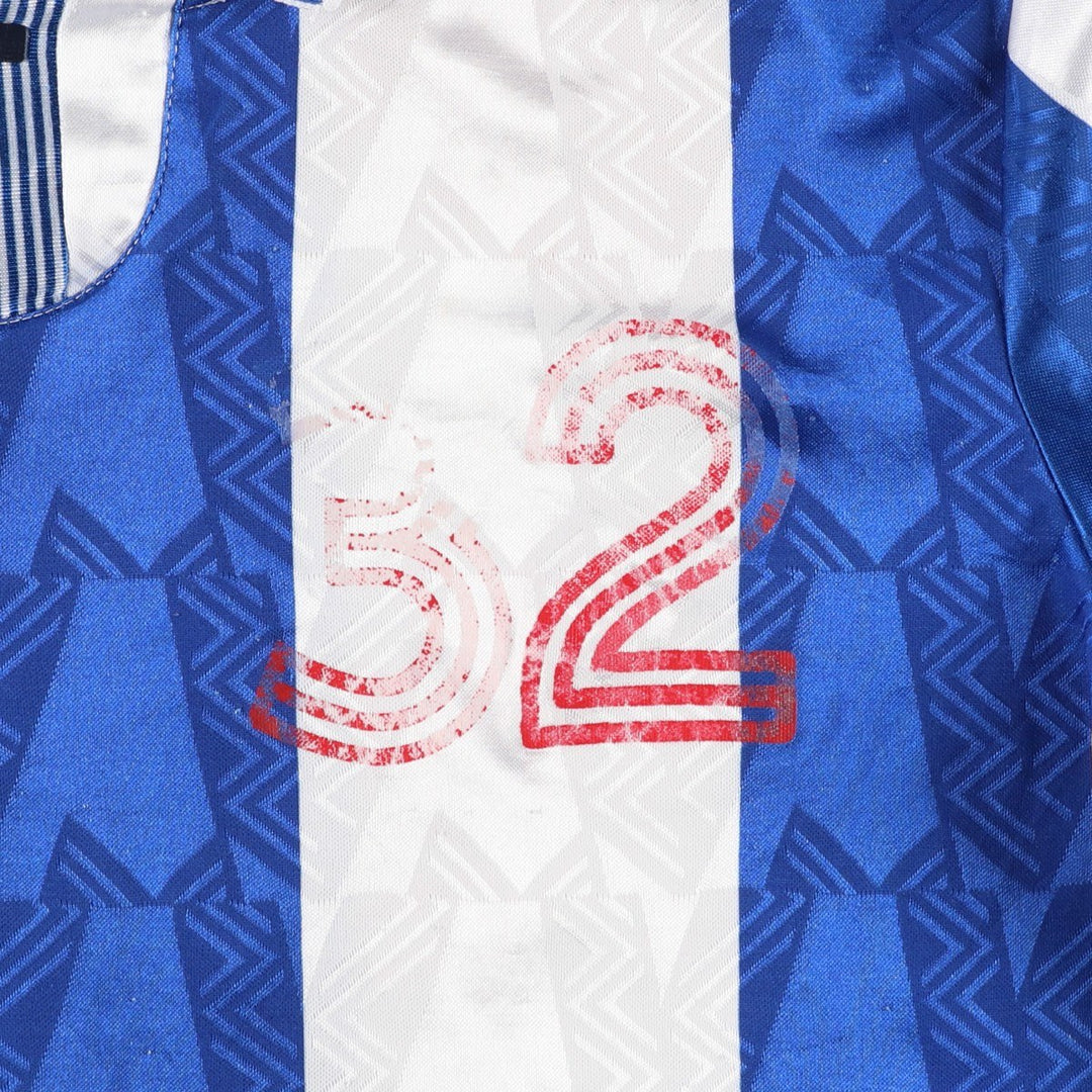 90'S Umbro Stripe Pattern All-Over Print Soccer Uniform Game Shirt, Made in USA, Men's Size L (Equivalent), Vintage polyester blue type Vintage Second Hand
