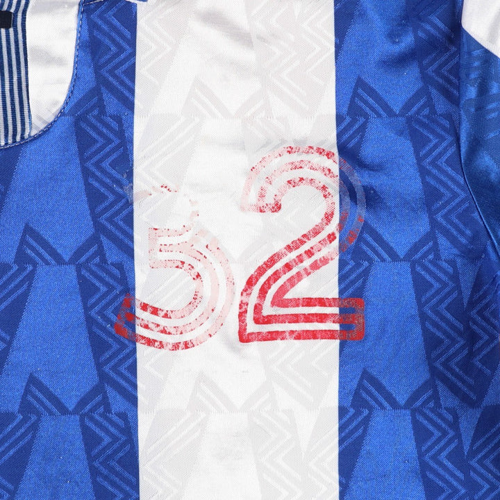 90'S Umbro Stripe Pattern All-Over Print Soccer Uniform Game Shirt, Made in USA, Men's Size L (Equivalent), Vintage polyester blue type Vintage Second Hand