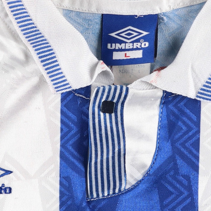 90'S Umbro Stripe Pattern All-Over Print Soccer Uniform Game Shirt, Made in USA, Men's Size L (Equivalent), Vintage polyester blue type Vintage Second Hand